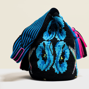 Crochet boho chic cross body bag in black with blue flowers