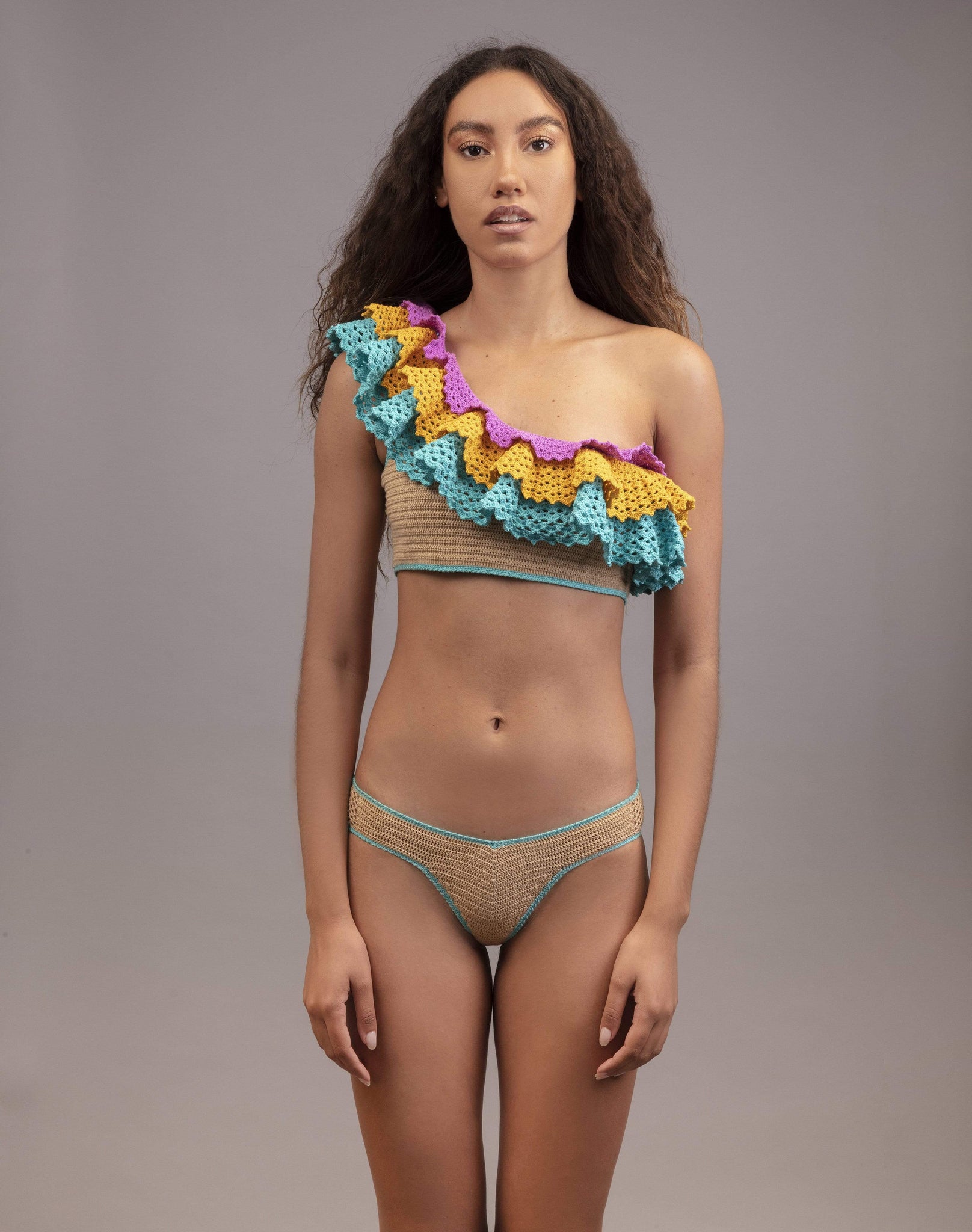 Multicolour crochet ruffle swimsuit with off-shoulder top