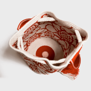 Interior of Boho  chic bag. Red roses crocheted on a white canvas. Cross - body bag