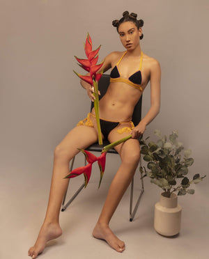 African inspired handmade crochet bikini swimsuit in black and yellow