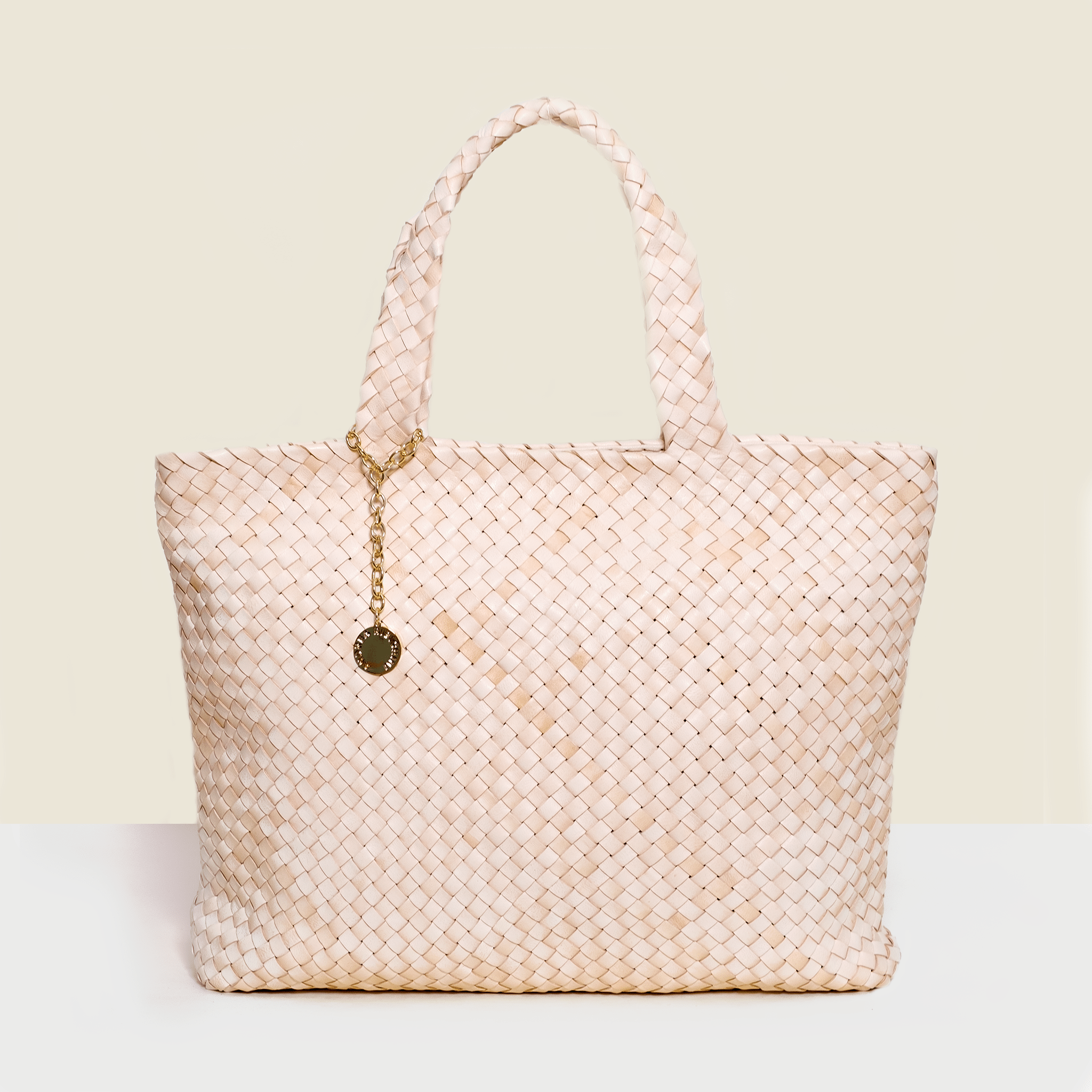 Cream shopper style woven leather luxury bag. Handmade in Italy
