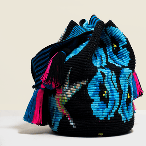 Boho Chic crochet black bag with blue flowers and pink tassels