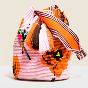 Boho chic bag in pink with orange flowers and bird design. Washable