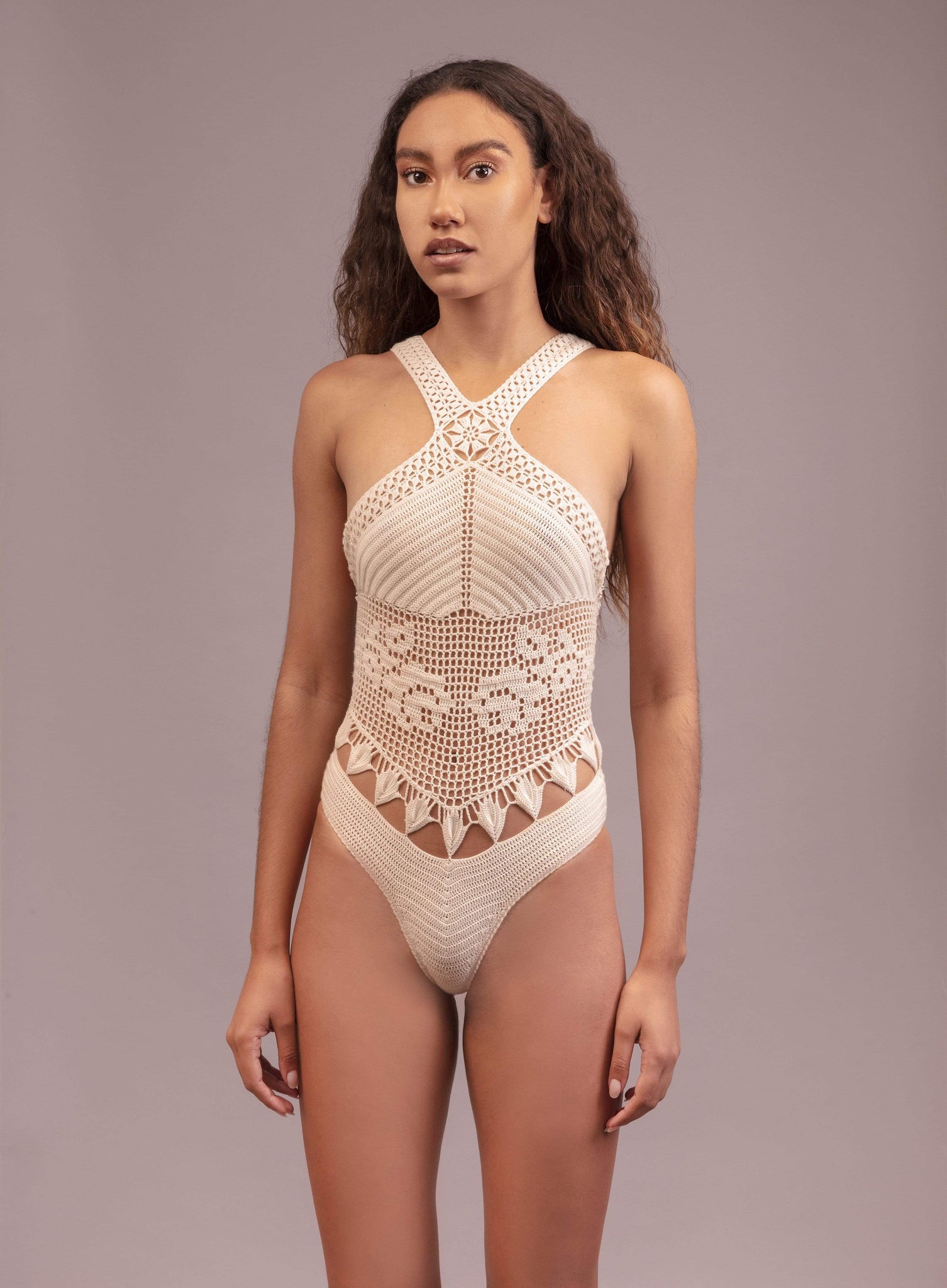 One piece bridal rich crochet swimsuit with white criss-cross halter neck