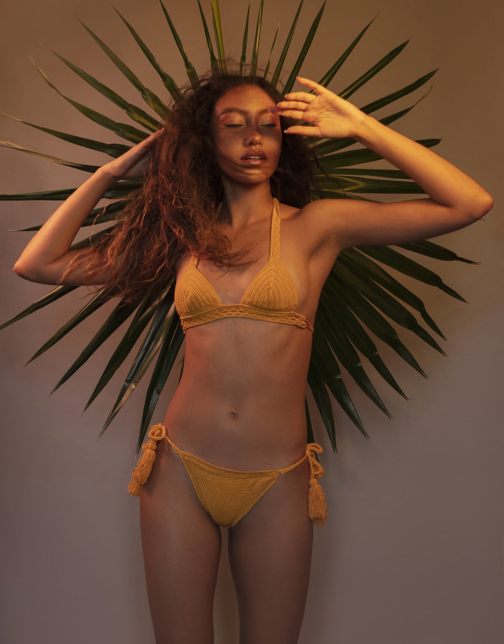 Resort summer handmade crochet yellow bikini swimsuit with side tassel and triangle bra