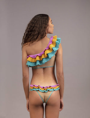 Multicolour crochet ruffle swimsuit with off-shoulder top