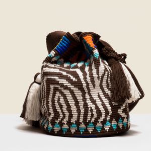 Boho chic bag. with tassels, Zebra pattern in cream and brown with bright colours near the closure