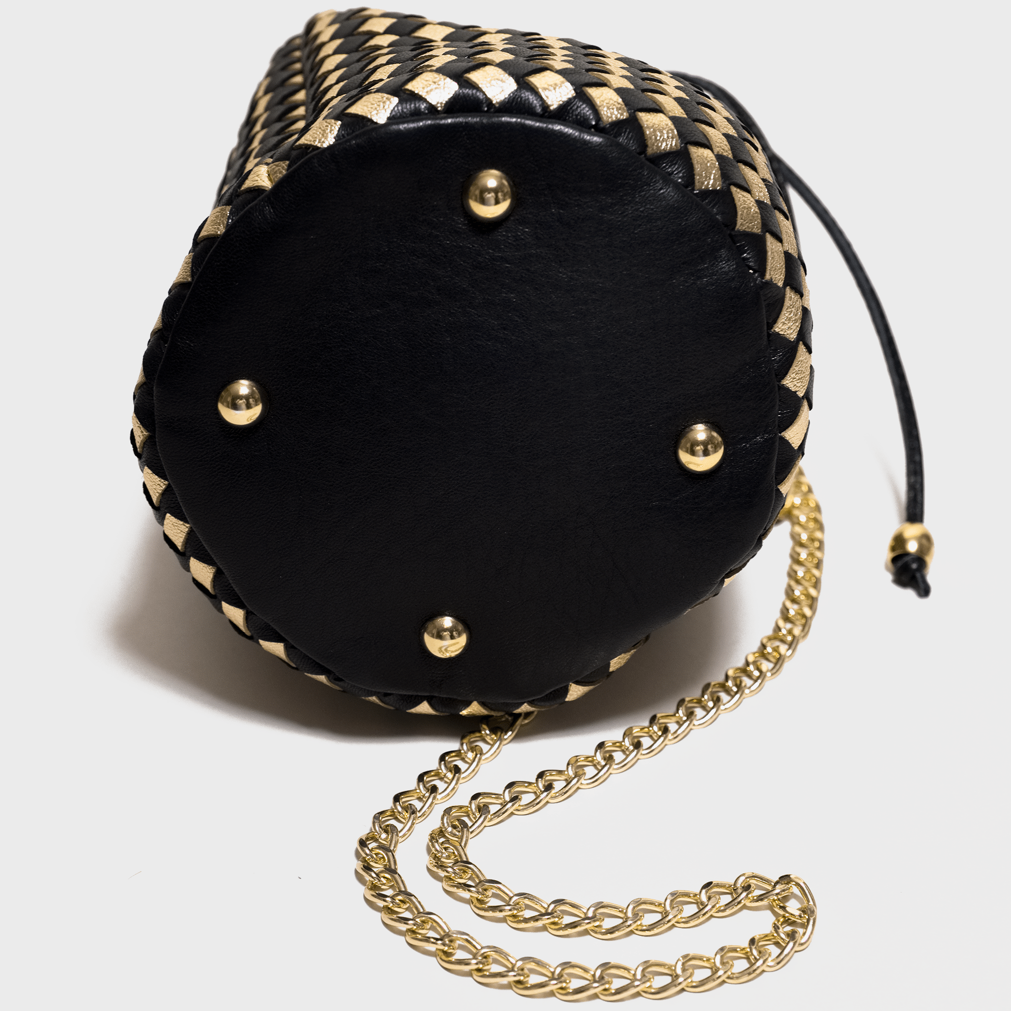 Black woven leather bag Bucket bag with chain shoulder. Handmade in Italy