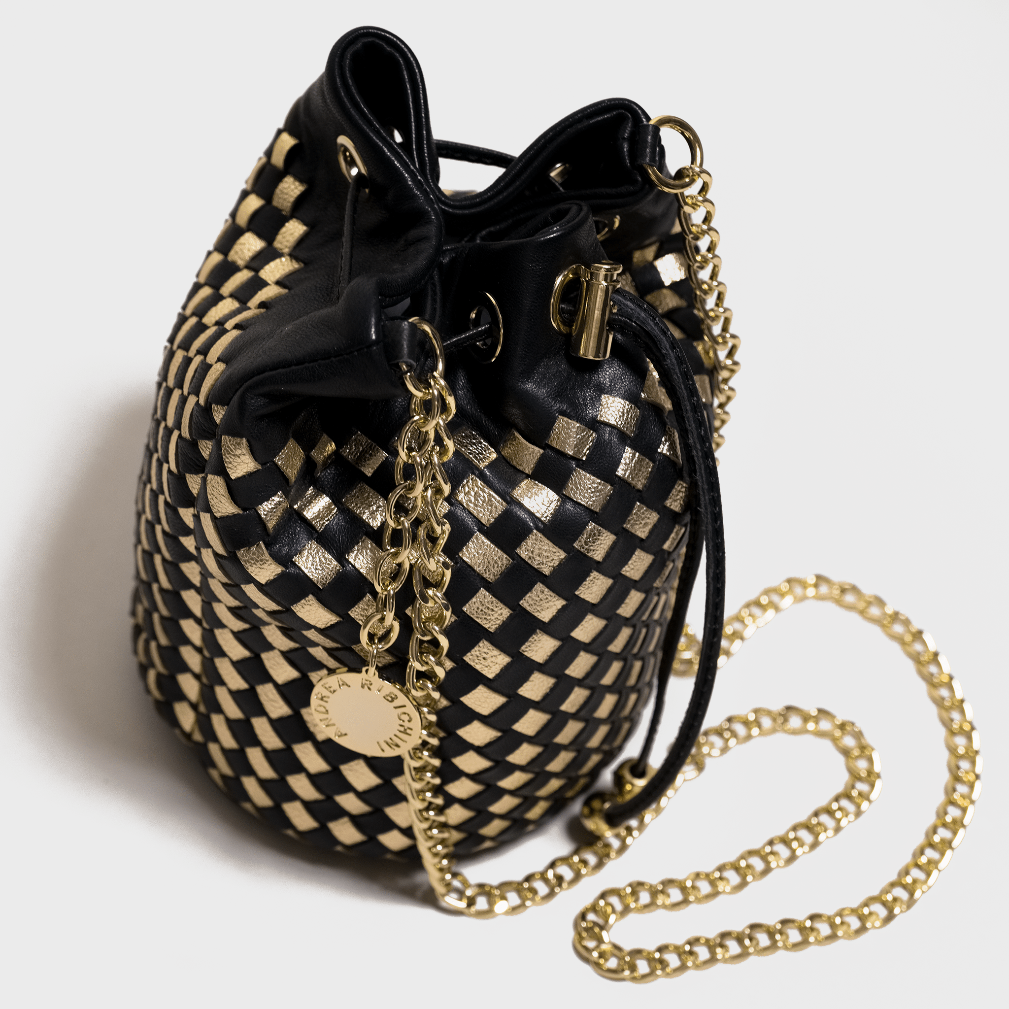 Black woven leather bag Bucket bag with chain shoulder. Handmade in Italy
