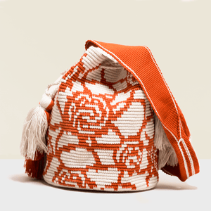 Boho  chic bag. Red roses crocheted on a white canvas. Cross - body bag