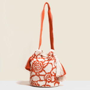 Boho chic bag. Red roses crocheted on a white canvas. Cross - body bag