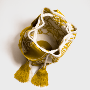 Boho chic bag in cream with details of saffron yellow roses. Cross-body bag. with tassels
